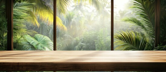 Tropical forest view through large windows with wooden table in foreground and natural light illuminating the scene Copy Space