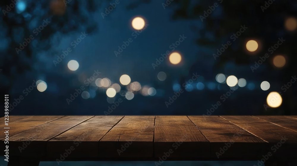 Poster wooden tabletop with bokeh light background in dark night setting perfect for displaying products or