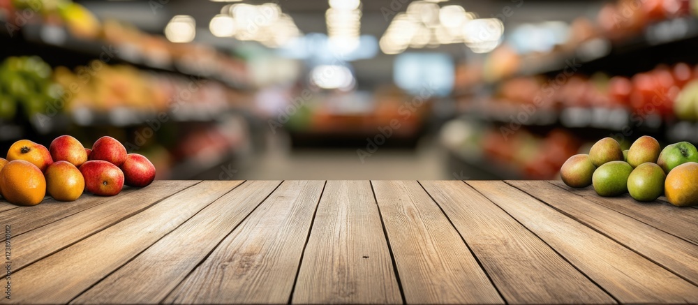 Poster fresh fruits displayed on wooden table with blurred grocery store background ample space for text co