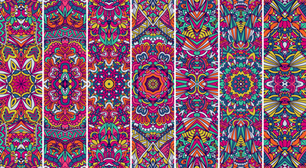 Collection of creative doodle pattern with ethnic mexican style print. Vector ethnic banner set with color psychedelic print design. Mandala art.