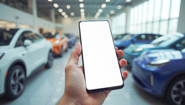 in his hand is a phone with a white screen against the background of new cars