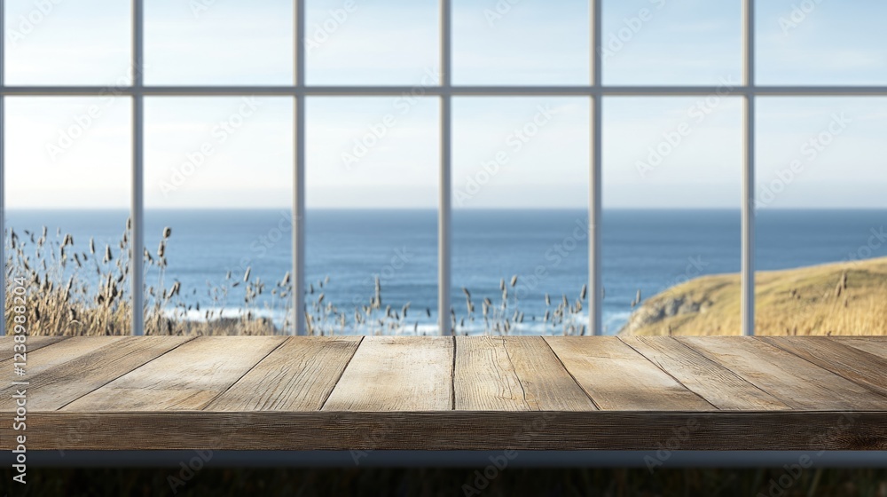 Poster wooden table with ocean view through large window and grass in foreground copy space