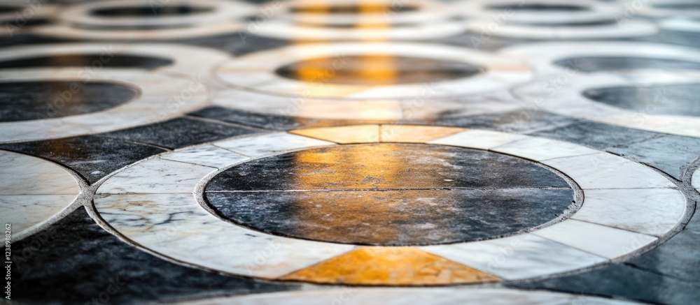 Poster circular marble floor pattern with contrasting colors and reflections suitable for architectural and