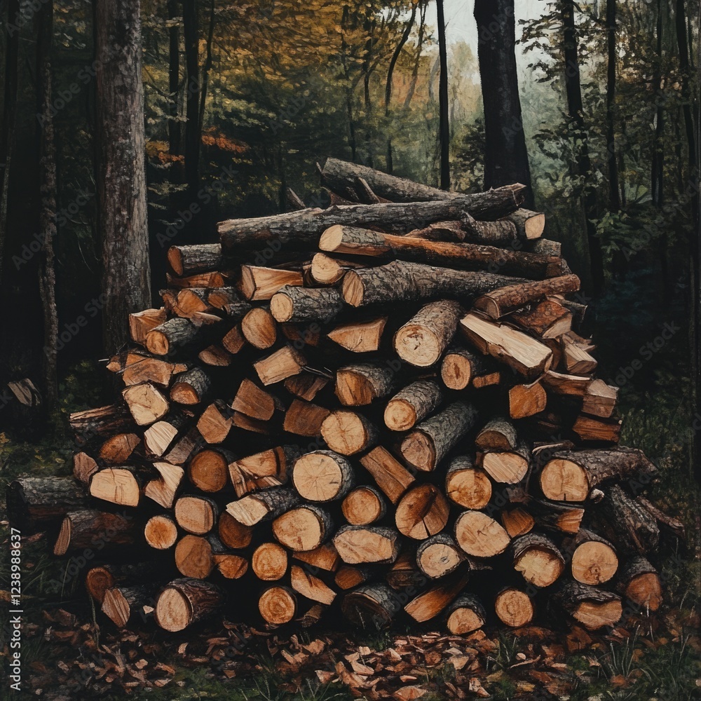 Poster stacked logs in a forest setting with surrounding trees and foliage depicting natural woodpile in au