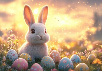 Easter Egg Hunt Invitation Template with Colorful Eggs and Cheerful Bunny for Spring Celebration