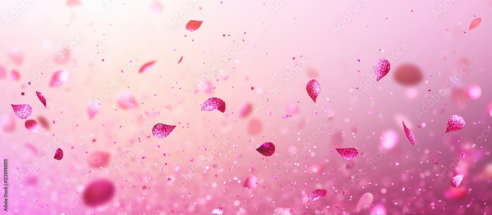 Poster pink flower petals floating in the air with soft bokeh background and pastel colors ideal for use as