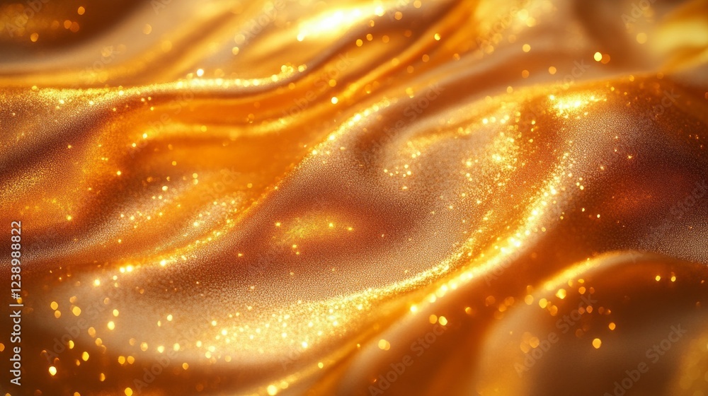 Poster soft golden fabric flows gracefully, rippling like water under warm light. tiny sparkles catch the e