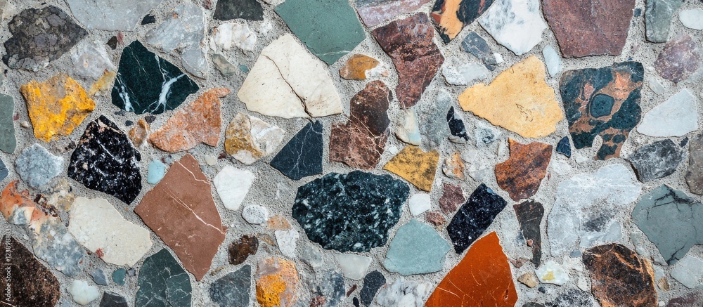 Poster colorful textured stone wall background with various shapes and sizes of stones arranged in a natura
