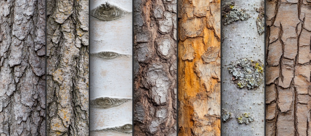 Poster various tree bark textures in a vertical arrangement showcasing diverse colors and patterns with amp