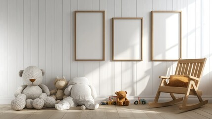 Nursery room interior with toys, wooden chair, and empty frames.