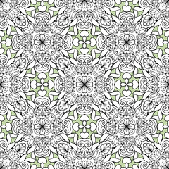 Indian ornamental seamless pattern design in mehendi style with black outline mandalas and light green background, vector