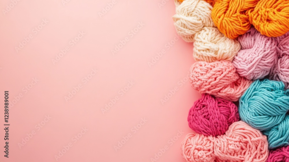 Poster colorful yarn balls in various shades arranged on a pink background with ample copy space for text i