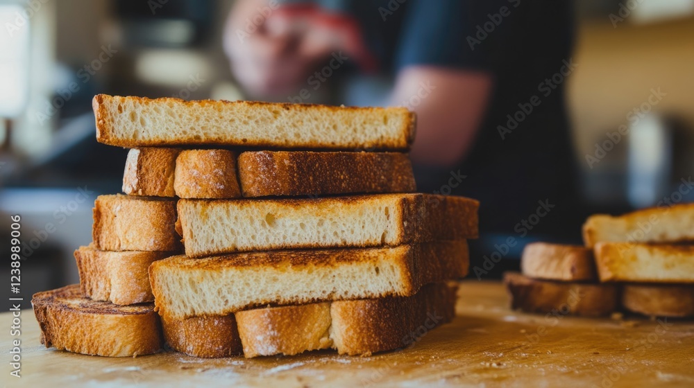 Poster stack of toasted bread slices on wooden cutting board with out of focus background and copy space fo