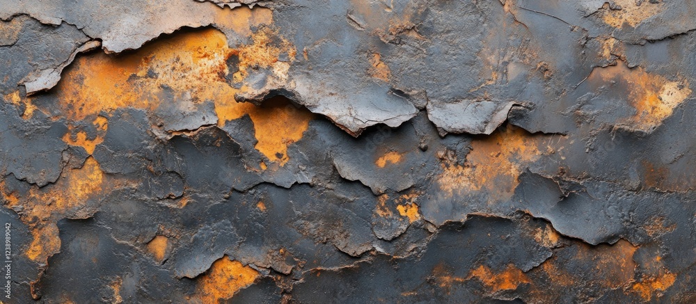 Poster textured surface of old peeling paint with rust showing through in orange and dark tones, abstract b