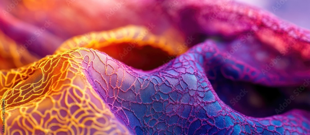 Poster colorful lace fabric with intricate patterns and soft folds textured background for design copy spac