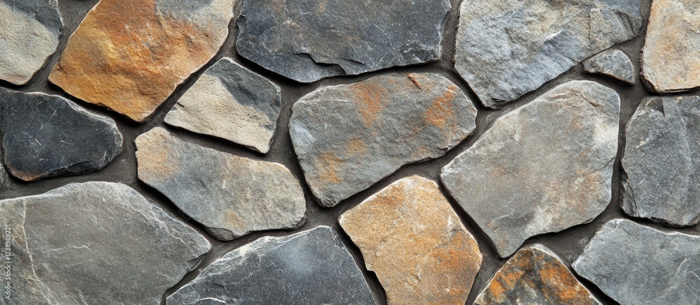 Poster textured wall of natural stones in various shades of gray and brown arranged in a rustic pattern wit