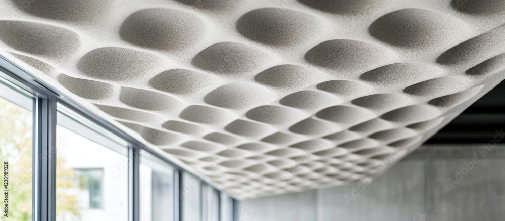 Poster textured ceiling design with rounded patterns in modern architectural interior near large windows sh