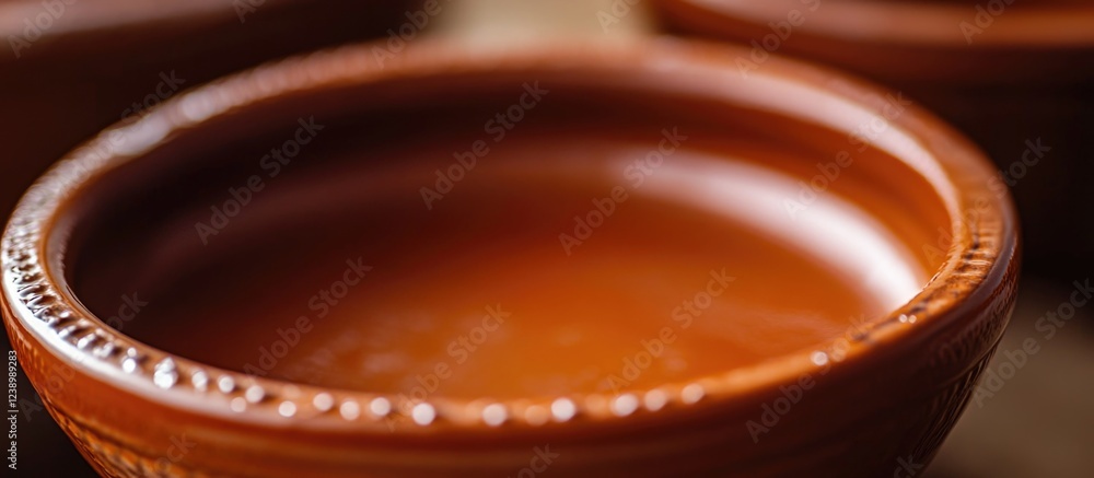 Poster close-up view of brown ceramic bowls on wooden surface with shallow depth of field and smooth textur