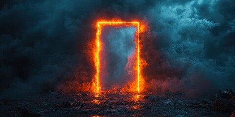 Glowing Rectangular Portal in Dark Misty Environment with Ethereal Lighting Effects and Soft Smoke