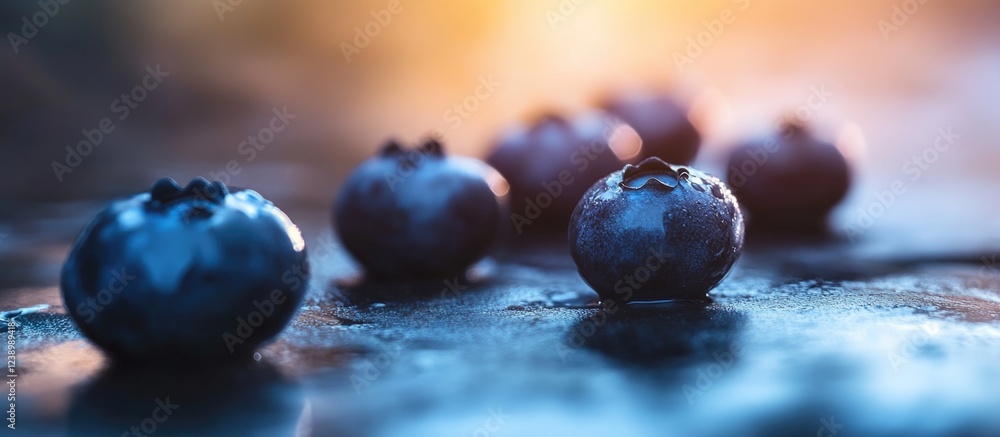 Poster blueberries on a reflective surface with soft lighting and blurred background showcasing depth and t
