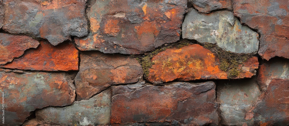 Poster textured stone wall background with multicolored stones featuring rust and moss details suitable for