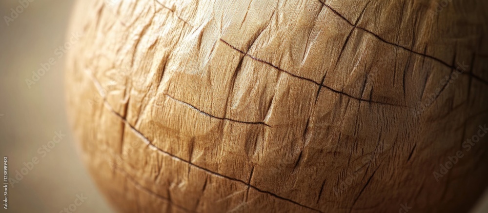 Poster detailed close-up of a wooden sphere with intricate carved patterns and textured surface showcasing 
