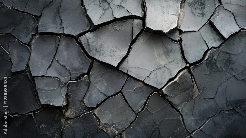 Poster cracked black textured surface background with irregular patterns and deep fissures suitable for var