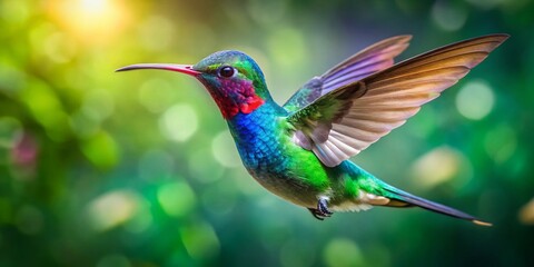 Fototapeta premium Iridescent Hummingbird Hovering, Vibrant Jewel-toned Feathers, Nature Wildlife Photography
