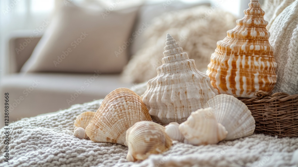 Poster collection of seashells displayed on knitted fabric with soft background and natural lighting ideal 