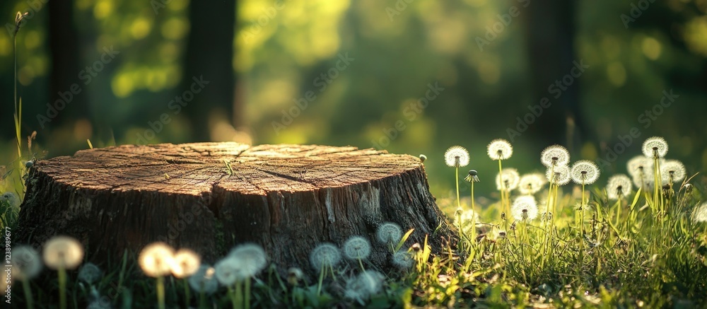 Poster tree stump surrounded by dandelions in a forest setting with sunlight filtering through the trees cr