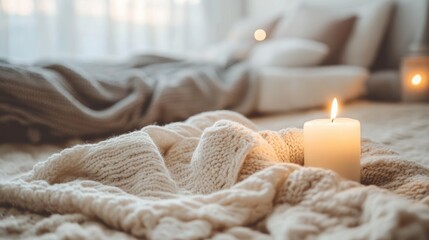 Cozy interior scene with warm knitted blanket and lit candle on soft bed background with gentle lighting and calm atmosphere Copy Space
