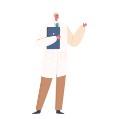 Doctor Man Wear White Medic Robe And Trousers Speaking And Gesturing With Clipboard In Hand During Medical Report