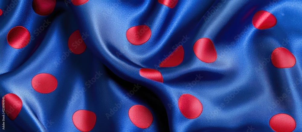 Poster blue satin fabric with red polka dots texture draped elegantly with smooth folds and copy space.