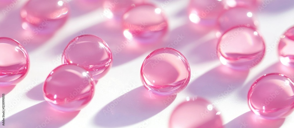 Poster pink transparent gel balls arranged on a white background with soft shadows and reflections for prod