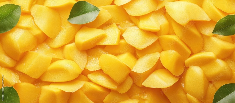 Poster fresh ripe mango slices with green leaves on a vibrant yellow background with copy space for text pl