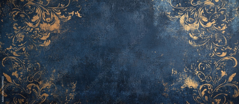 Poster dark blue textured background with ornate golden floral patterns and ample copy space for text place