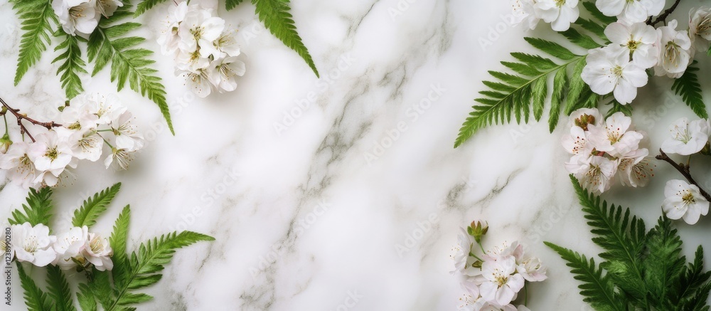 Poster white marble background with green ferns and delicate pink flowers creating a natural frame with cop