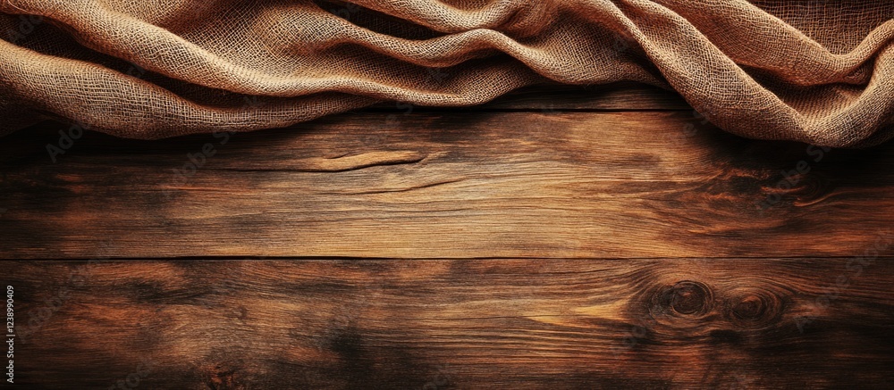 Poster textured fabric draped on rustic wooden surface with natural grain patterns and copy space for text 
