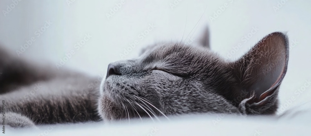 Poster close-up of a sleeping gray cat on a soft surface with a blurred background and natural light reflec