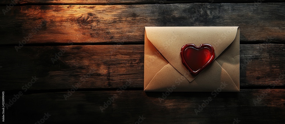Poster envelope with red heart seal on wooden surface with copy space for romantic message or invitation.