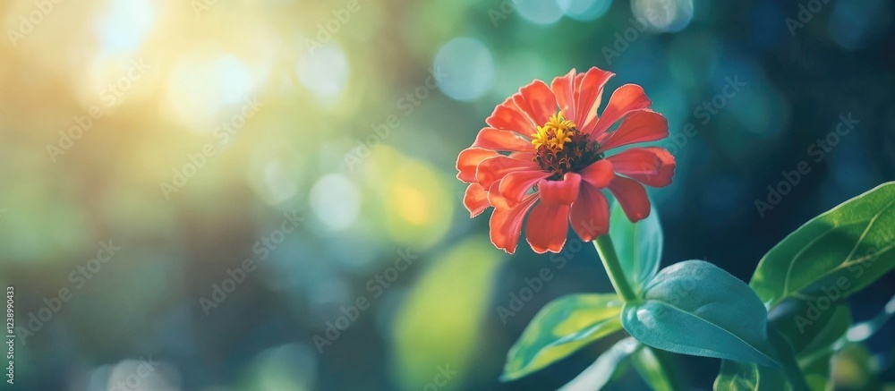 Aufkleber red zinnia flower in natural light with bokeh background and copy space for text