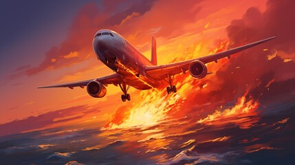 A large airplane on fire crashing into the ocean, no airline logo, intense fiery colors,generative ai illustration