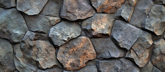 Fototapeta premium Textured wall of natural stone bricks displaying various shades of gray and brown, suitable for backgrounds and design elements, Copy Space