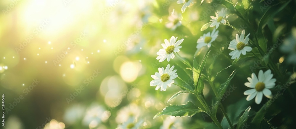 Poster sunlit field of white daisies with green foliage and bokeh effect in the background copy space