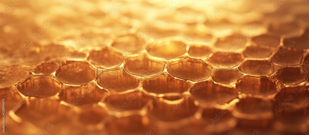 Poster close-up view of textured honeycomb structure with golden hues featuring hexagonal cells and natural