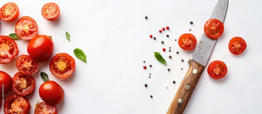 Poster fresh sliced tomatoes with a kitchen knife and scattered spices on a white background with copy spac