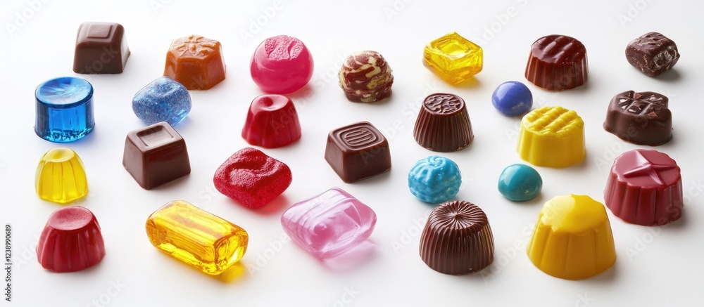 Aufkleber assorted colorful candies and chocolates arranged on a white background with copy space for text pla