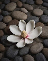 Fototapeta premium Magnolia petal on rough stone surface, emphasizing texture contrast