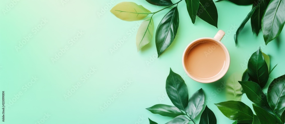 Poster coffee cup surrounded by green leaves on a soft gradient background with ample copy space for text p