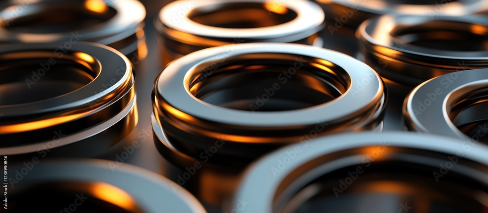Poster close-up view of metallic rings with reflections and highlights in a pattern on a dark surface copy 